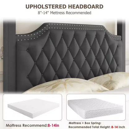 Cadre de lit à baldaquin en velours beige/gris, tête de lit capitonnée avec clous, capacité de 544 kg, lit double/Queen