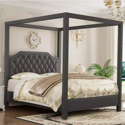 Cadre de lit à baldaquin en velours beige/gris, tête de lit capitonnée avec clous, capacité de 544 kg, lit double/Queen