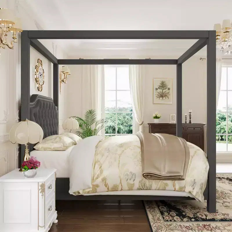 Cadre de lit à baldaquin en velours beige/gris, tête de lit capitonnée avec clous, capacité de 544 kg, lit double/Queen