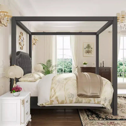 Cadre de lit à baldaquin en velours beige/gris, tête de lit capitonnée avec clous, capacité de 544 kg, lit double/Queen