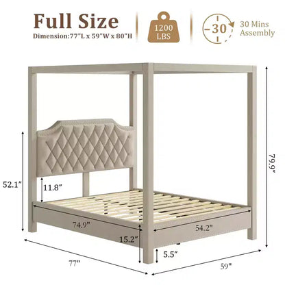 Cadre de lit à baldaquin en velours beige/gris, tête de lit capitonnée avec clous, capacité de 544 kg, lit double/Queen