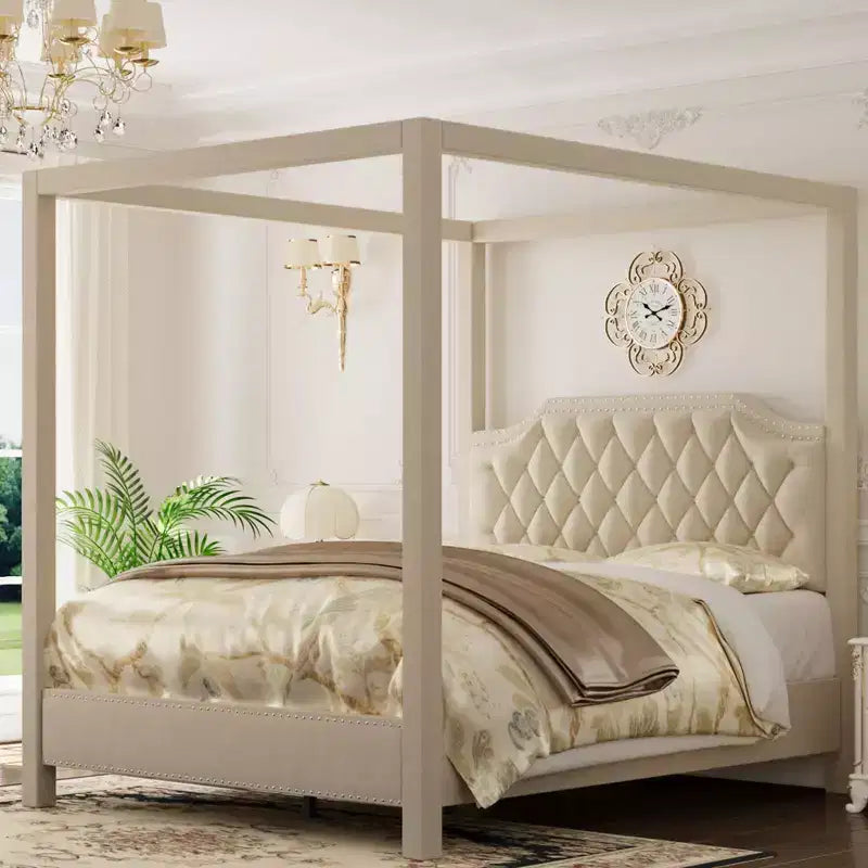 Cadre de lit à baldaquin en velours beige/gris, tête de lit capitonnée avec clous, capacité de 544 kg, lit double/Queen