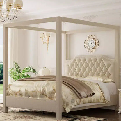 Cadre de lit à baldaquin en velours beige/gris, tête de lit capitonnée avec clous, capacité de 544 kg, lit double/Queen