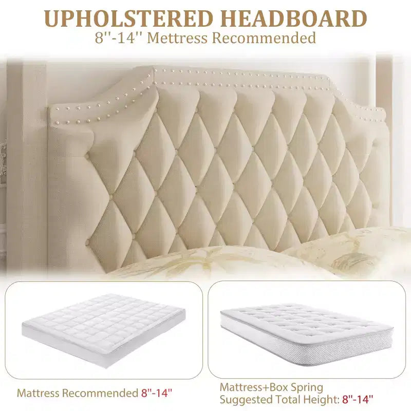 Cadre de lit à baldaquin en velours beige/gris, tête de lit capitonnée avec clous, capacité de 544 kg, lit double/Queen