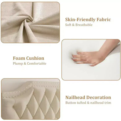 Cadre de lit à baldaquin en velours beige/gris, tête de lit capitonnée avec clous, capacité de 544 kg, lit double/Queen