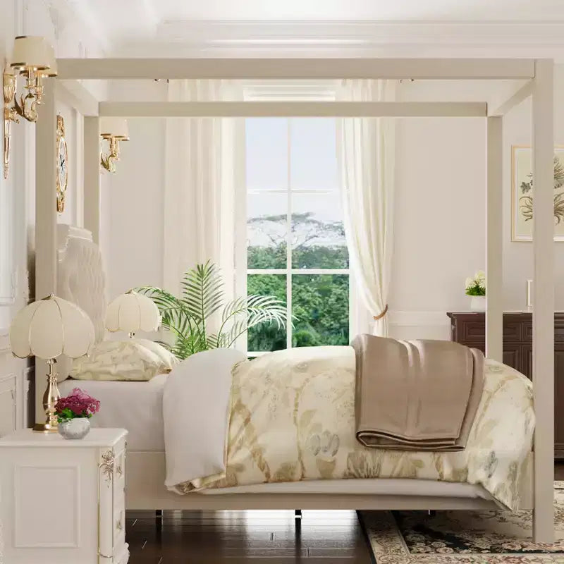 Cadre de lit à baldaquin en velours beige/gris, tête de lit capitonnée avec clous, capacité de 544 kg, lit double/Queen