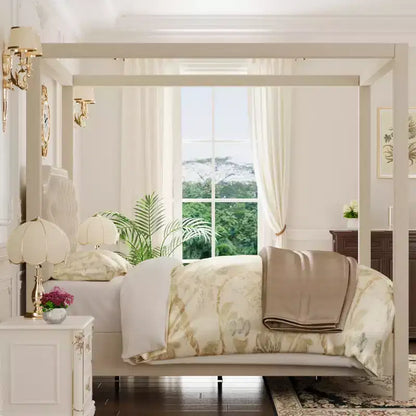 Cadre de lit à baldaquin en velours beige/gris, tête de lit capitonnée avec clous, capacité de 544 kg, lit double/Queen