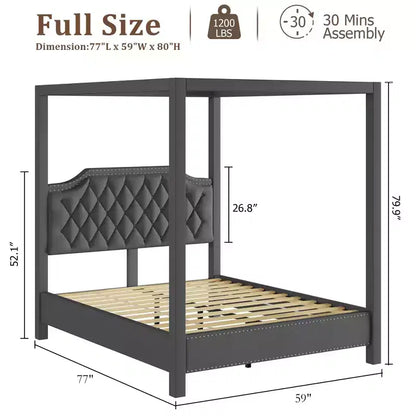 Cadre de lit à baldaquin en velours beige/gris, tête de lit capitonnée avec clous, capacité de 544 kg, lit double/Queen