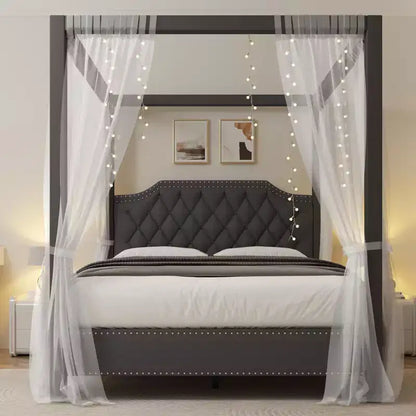 Cadre de lit à baldaquin en velours beige/gris, tête de lit capitonnée avec clous, capacité de 544 kg, lit double/Queen